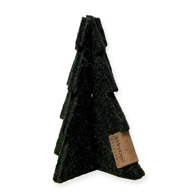 A small decorative tree shape made from felt material with layered triangular sections. The color is Forest green. A rectangular light‑brown fabric label with glerups is attached near the base.