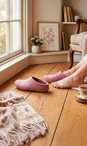Cozy indoor scene with blossom wool slippers on a wooden floor beside a person’s bare feet, near a bright window with a floral blanket, teacup, potted flowers, framed botanical print, and chair in the background.