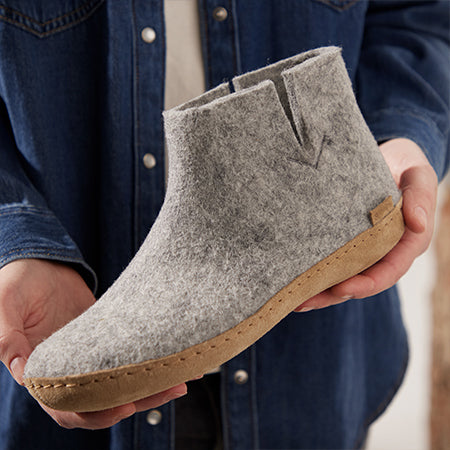 Gray boot with honey natural rubber sole