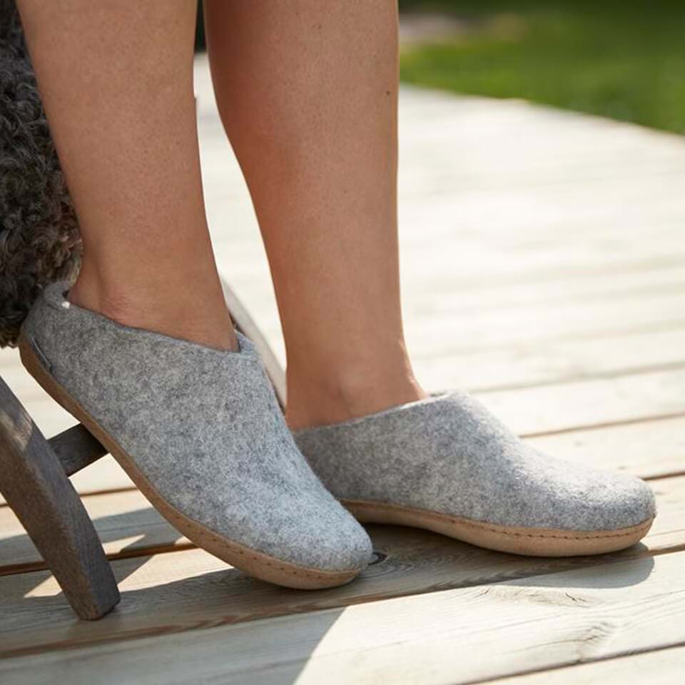 Glerups Unisex Grey Wool Slippers - Indoor Slip-On With Leather Sole